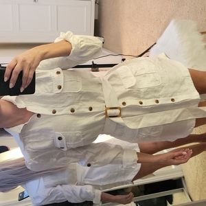 White bebe button down dress with belt, size small